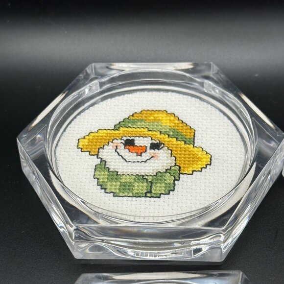 4 Acrylic Handmade Cross Stitch Snowman 4” Coasters Cork Bottom Winter Holiday - Picture 4 of 8